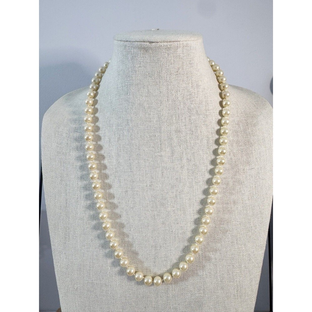 Vtg Hand Knotted Glass Pearl Necklace Yellow Cream Old Money Fishhook Clasp 24โ